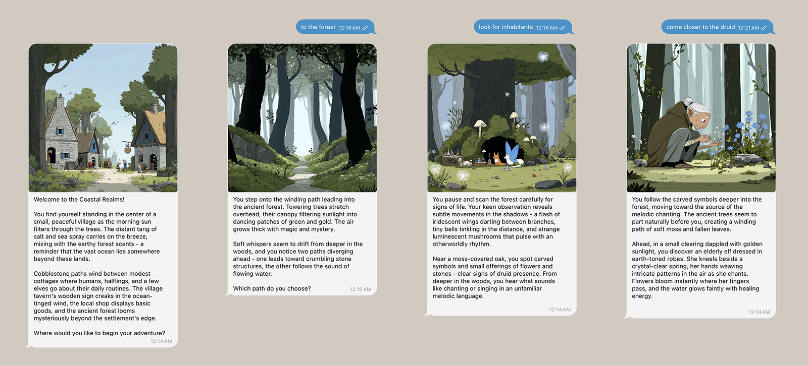 StoryLeaf interactive storytelling interface showing the Coastal Realm with branching narrative choices